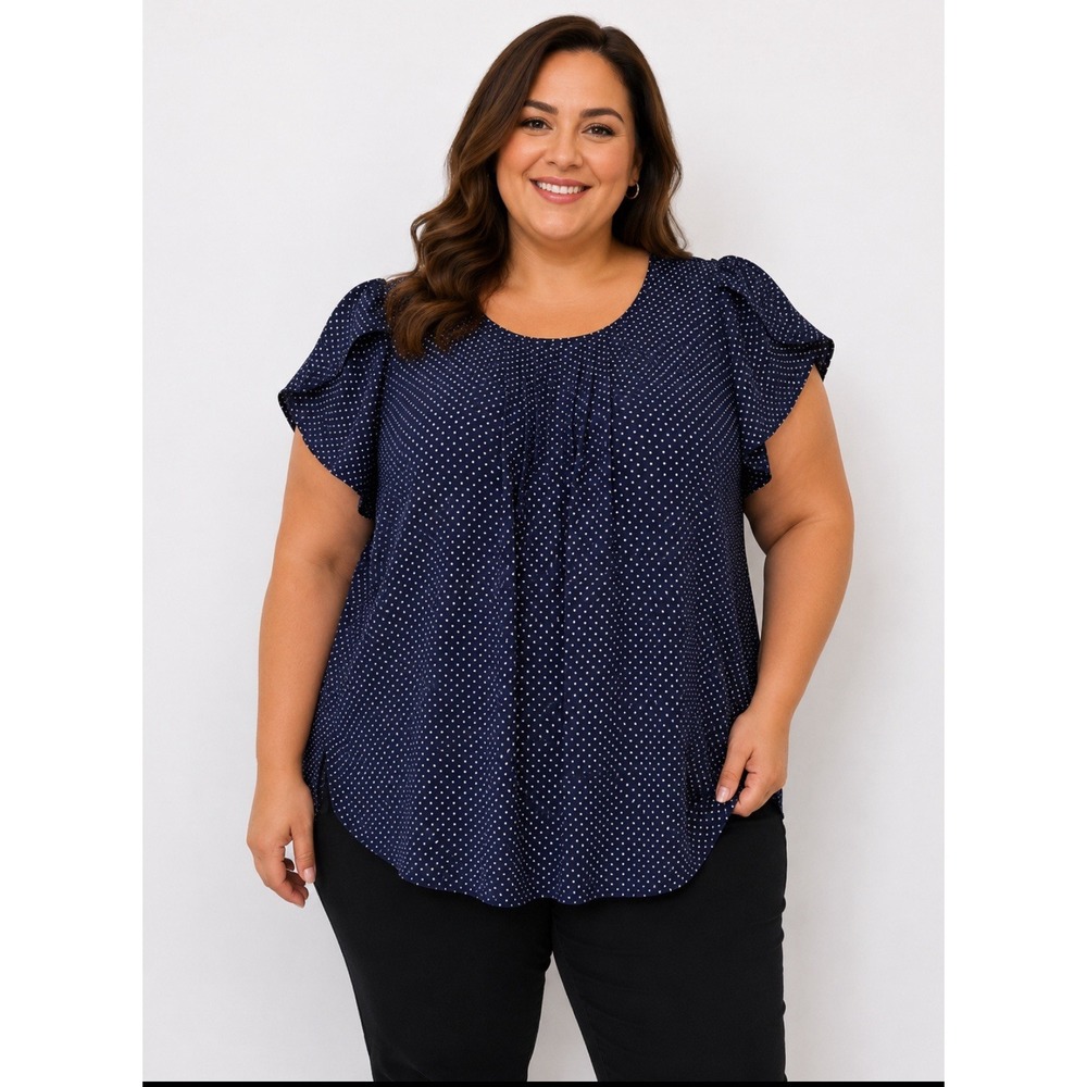 women's Navy and white polka dot chiffon flutter sleeve blouse Size 3XL